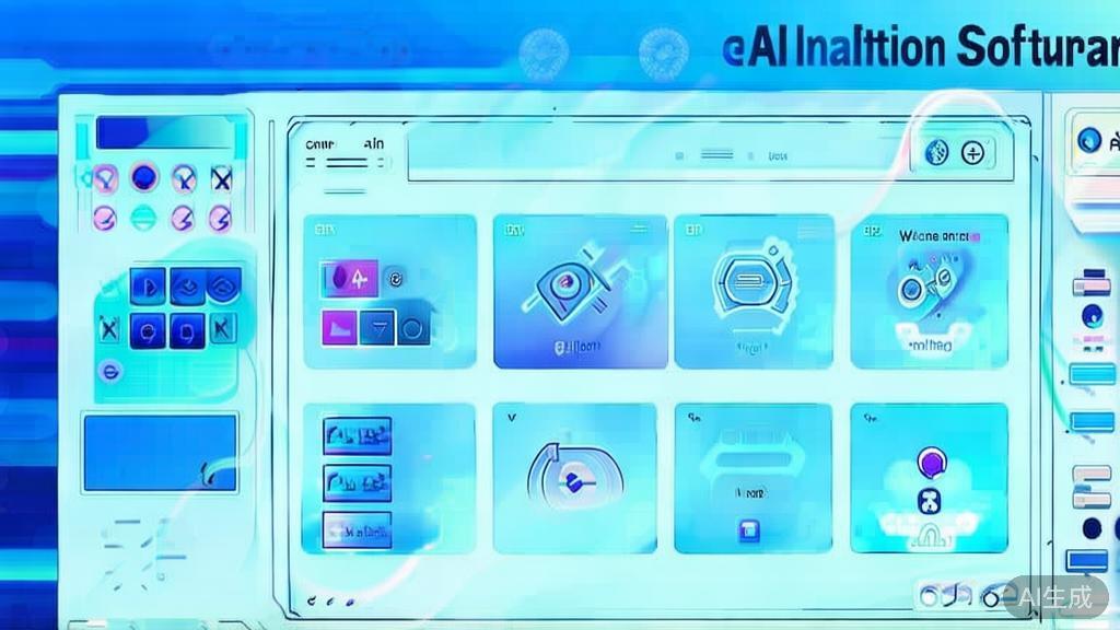 Flat vector illustration showing different AI animation software features, dashboard style, soft blue gradient