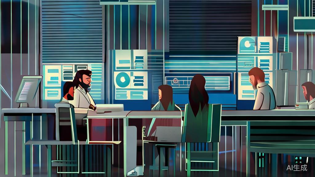 High-quality illustration of a team meeting discussing PlantUML created diagrams, minimal flat design