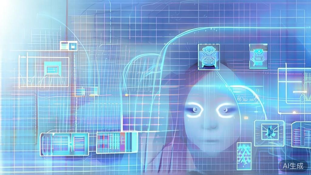 "Flat vector illustration of future trends in AI image generation technology, soft blue gradient"