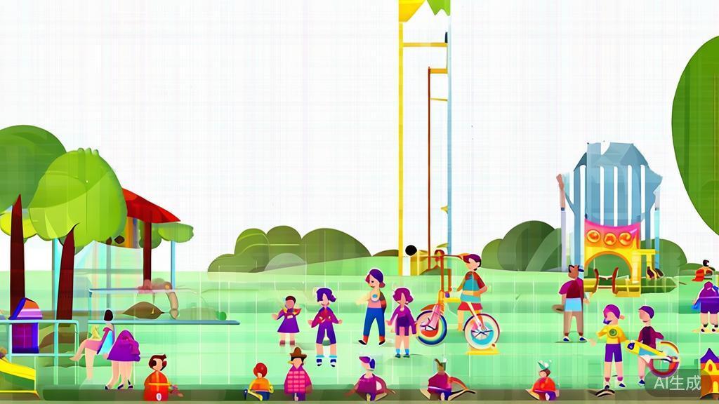 "High-quality illustration of children playing in a city park, minimal flat design"