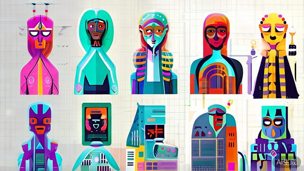 "High-quality illustration of future trends in character creation using AI, with diverse characters and innovative designs, minimal flat design"