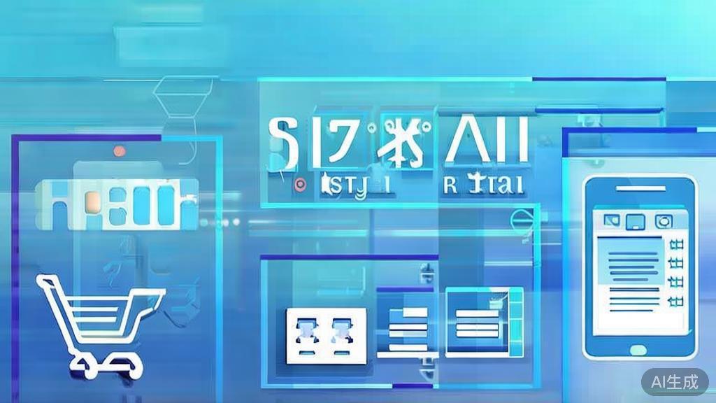 Flat vector illustration of digital transformation in retail, dashboard style, soft blue gradient