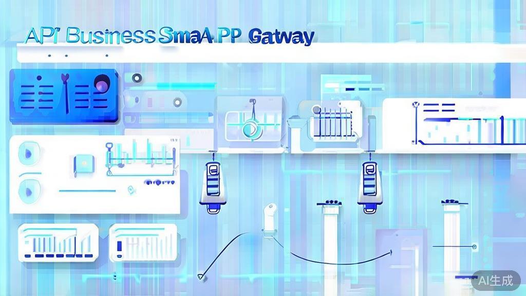 Flat vector illustration of small business leveraging API gateway, dashboard style, soft blue gradient