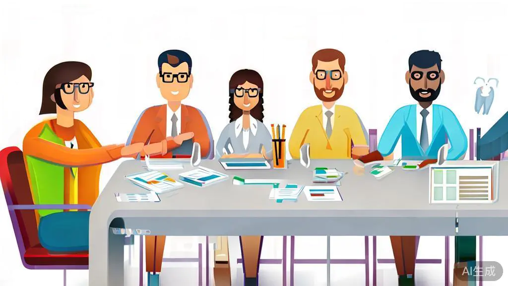"High-quality business illustration of a diverse team brainstorming around a table, minimal flat design"