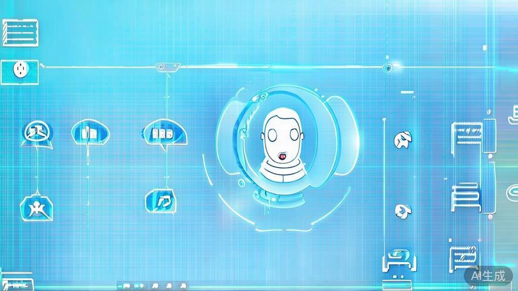 Flat vector illustration of AI assistant features, dashboard style, soft blue gradient