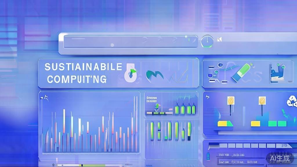 Flat vector illustration of sustainable computing practices, dashboard style, soft blue gradient