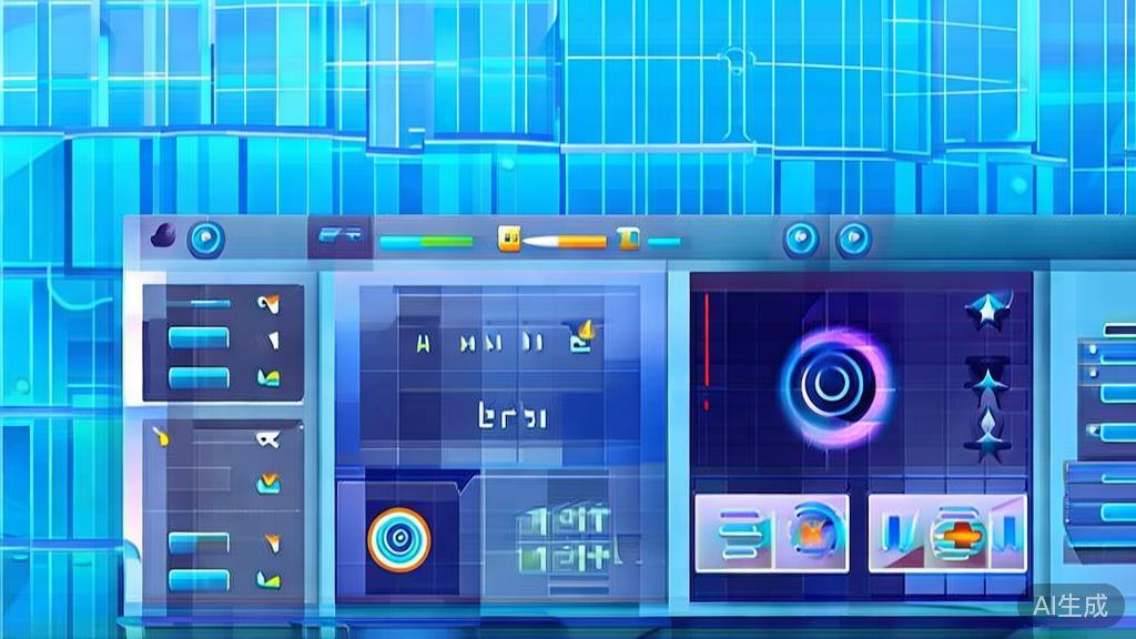 Flat vector illustration of using effects and transitions in video creation, dashboard style, soft blue gradient