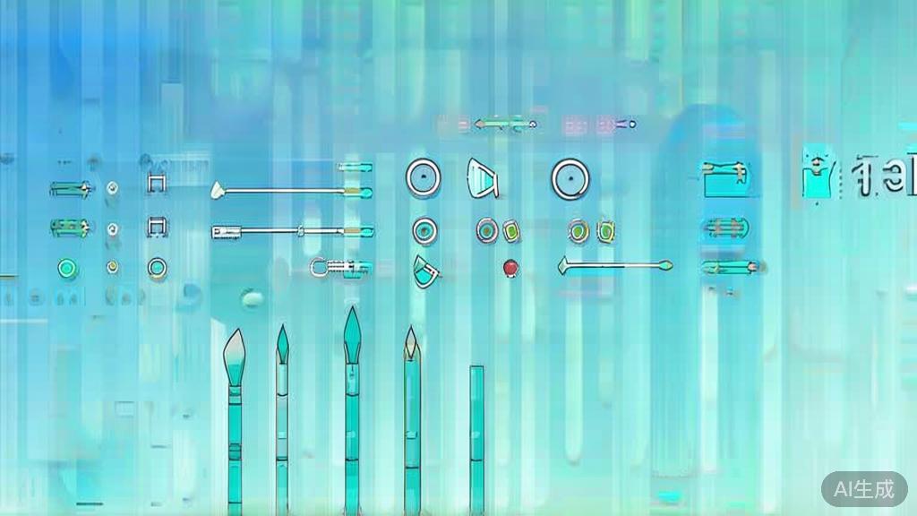 "Flat vector illustration of traditional image processing tools, dashboard style, soft blue gradient"