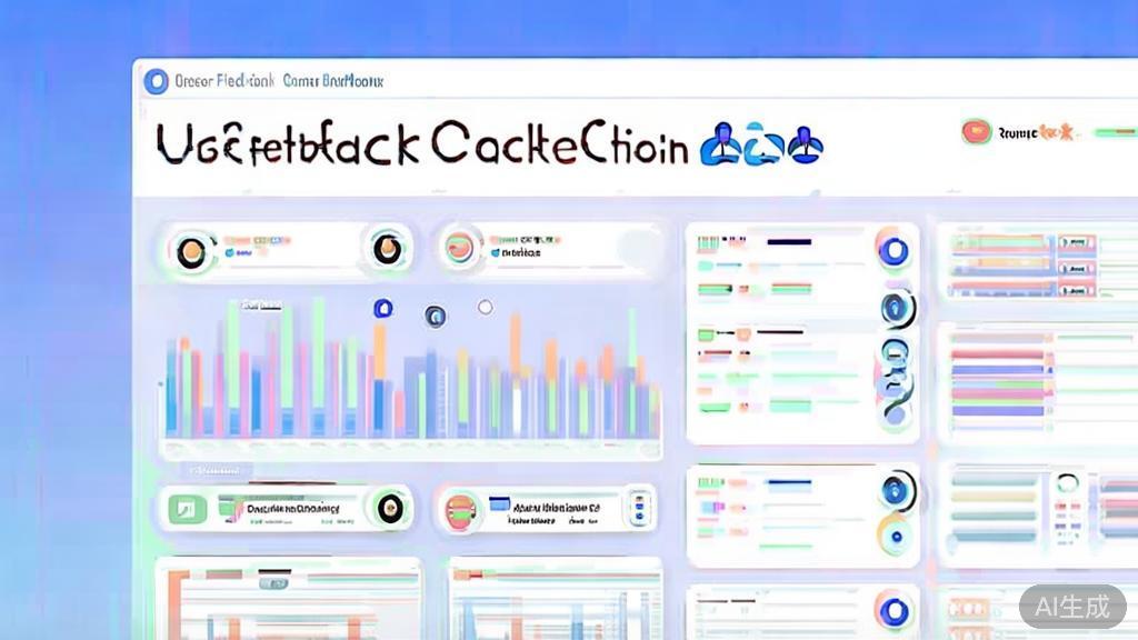 Flat vector illustration of user feedback collection, dashboard style, soft blue gradient