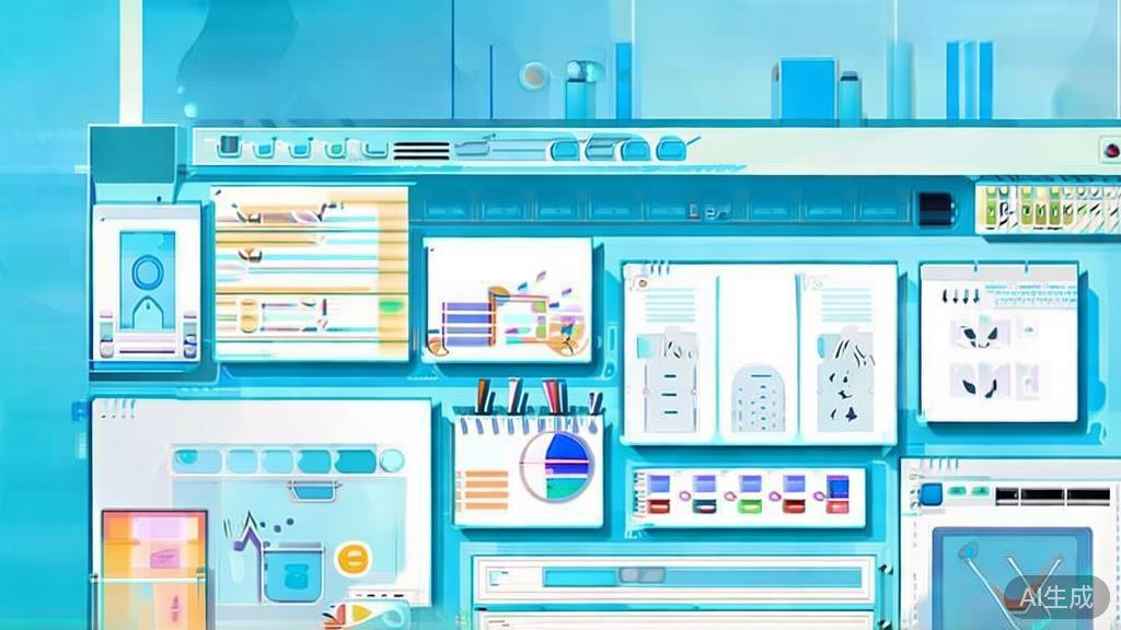 Flat vector illustration of a successful small studio showcasing artwork, dashboard style, soft blue gradient