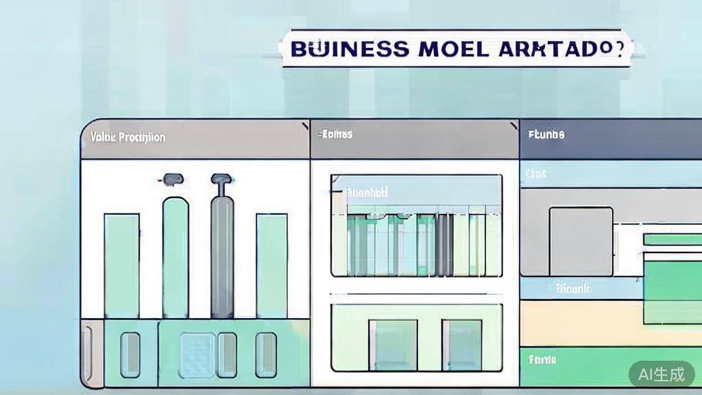 "Flat vector illustration of business model canvas for AI startups, minimal design, soft colors"