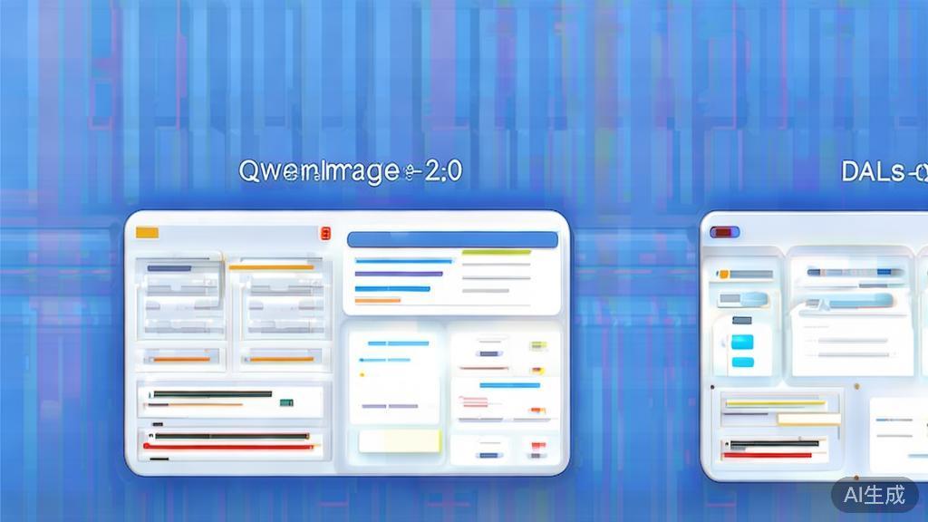 Flat vector illustration of user interface comparison between Qwen-Image-2.0 and DALL-E, dashboard style, soft blue gradient