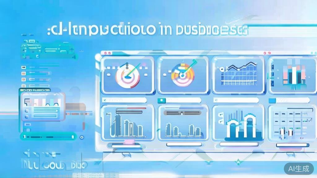Flat vector illustration of AI applications in business, dashboard style, soft blue gradient