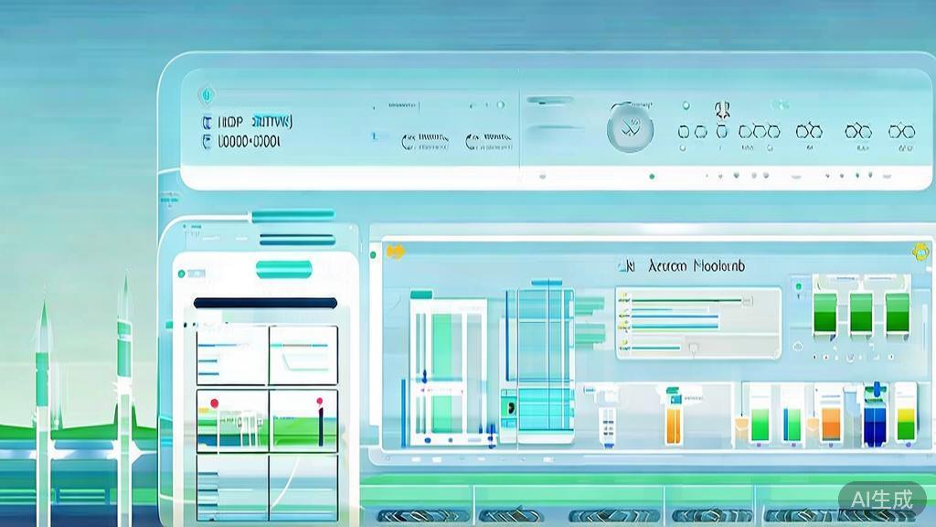 "Flat vector illustration of smart agriculture technology, farm monitoring dashboard, soft blue gradient"