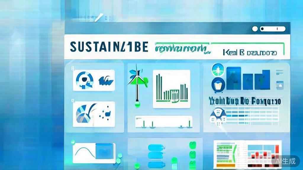 Flat vector illustration of sustainable development in business, dashboard style, soft blue gradient