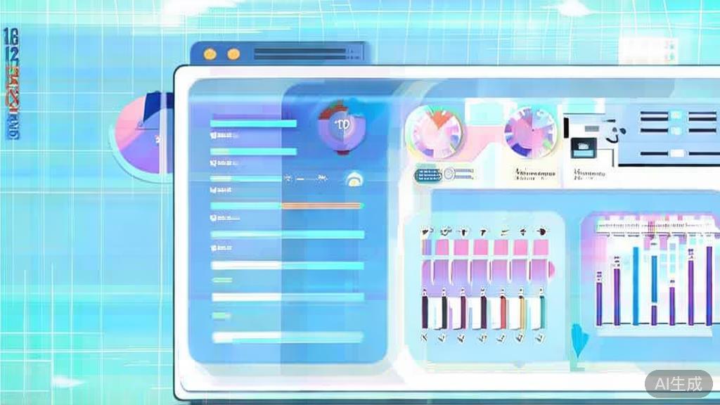 Flat vector illustration of data analysis in marketing, dashboard style, soft blue gradient