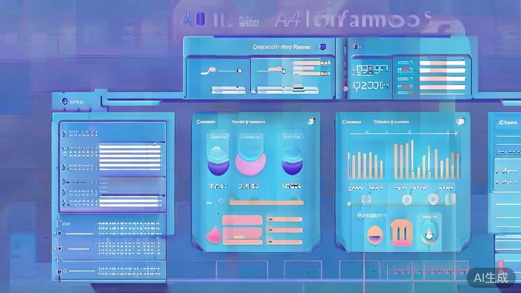 Flat vector illustration of AI项目收益分析, dashboard style, soft blue gradient