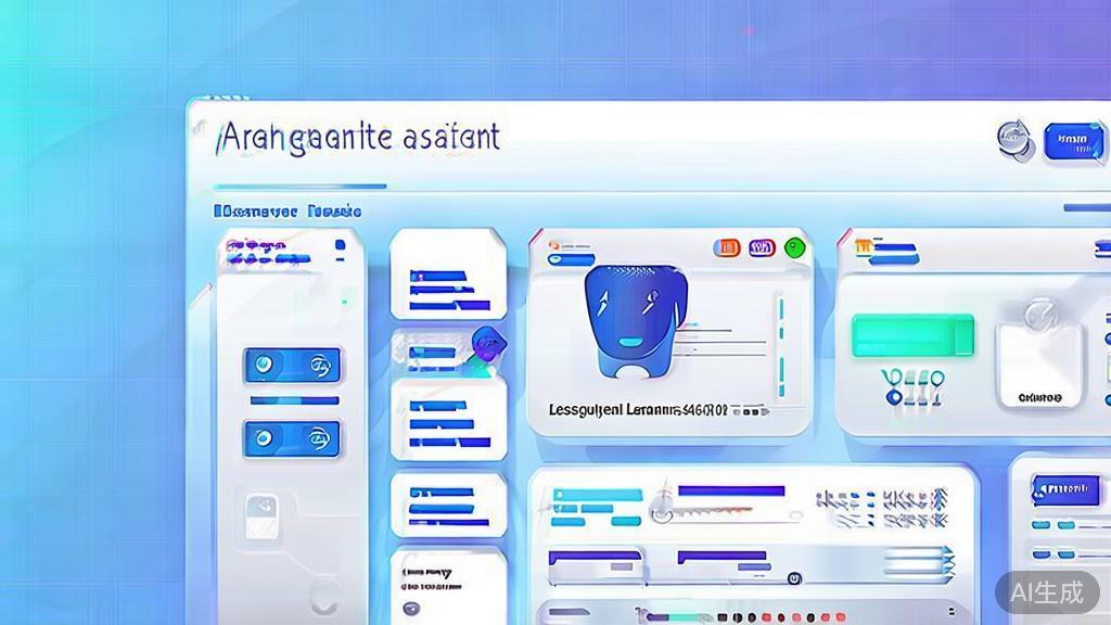 Flat vector illustration of AI language learning assistant, dashboard style, soft blue gradient