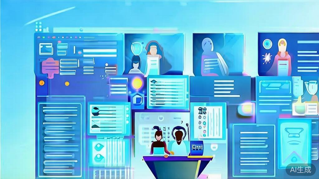 Flat vector illustration of team collaboration with AI tools, dashboard style, soft blue gradient