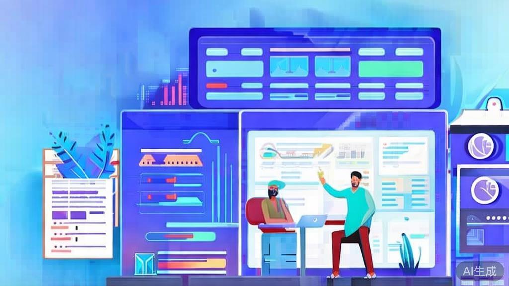 Flat vector illustration of team collaboration in tech projects, dashboard style, soft blue gradient