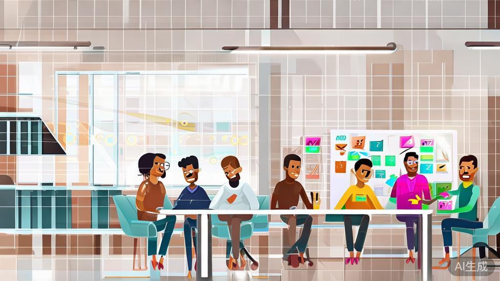 High-quality illustration of a diverse startup team collaborating in a modern office environment, minimal flat design