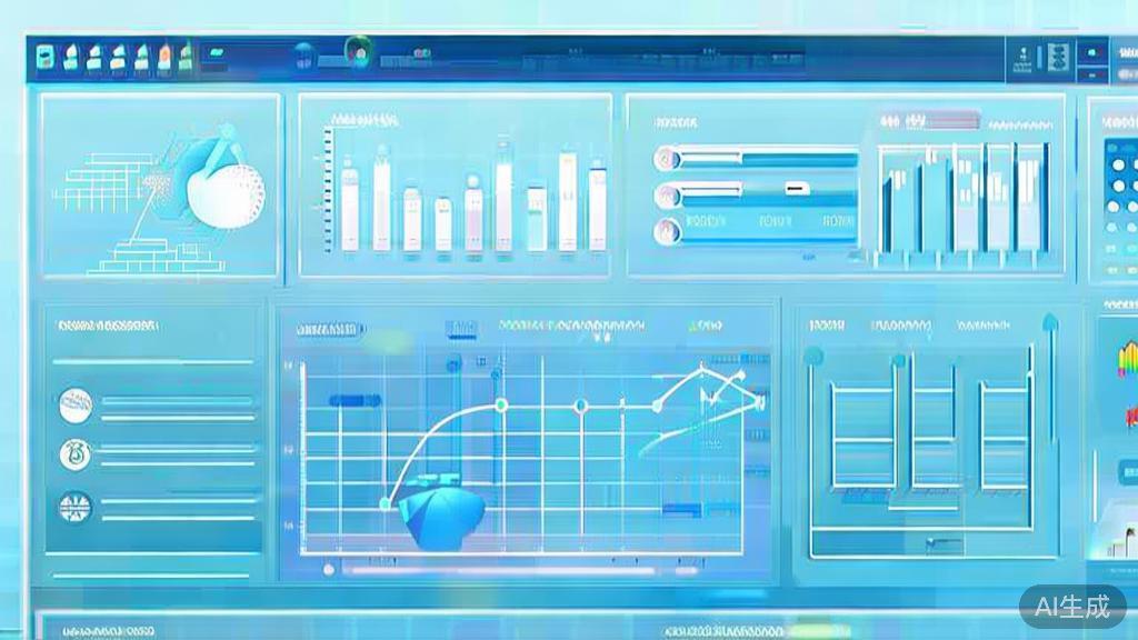 Flat vector illustration of AI in financial management, dashboard style, soft blue gradient
