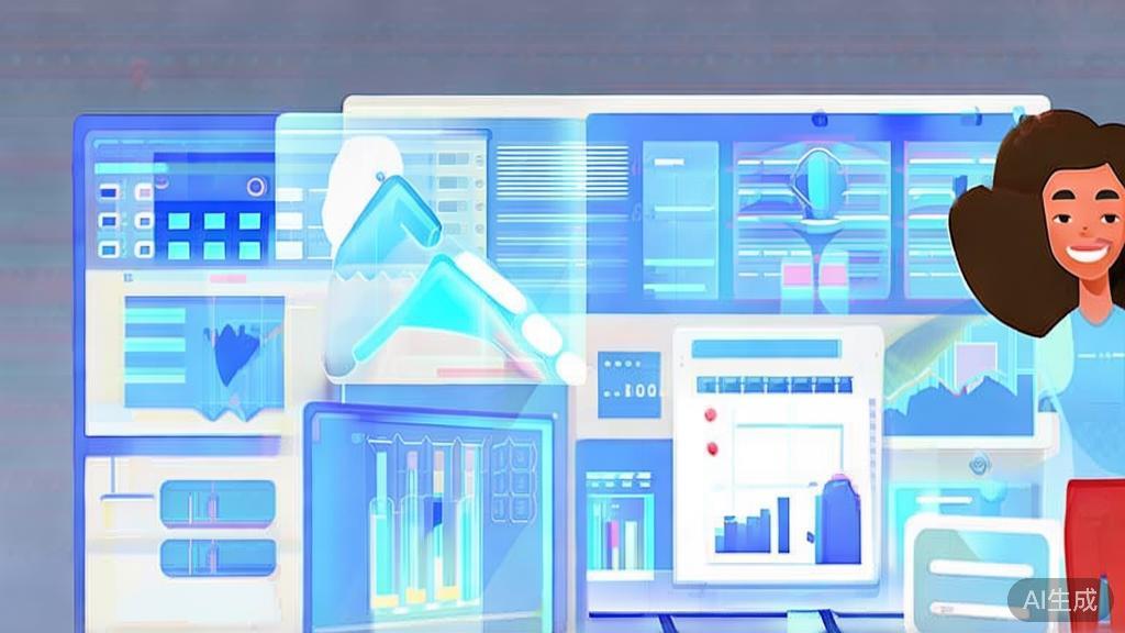 Flat vector illustration of a successful solo entrepreneur using AI tools in business, dashboard style, soft blue gradient
