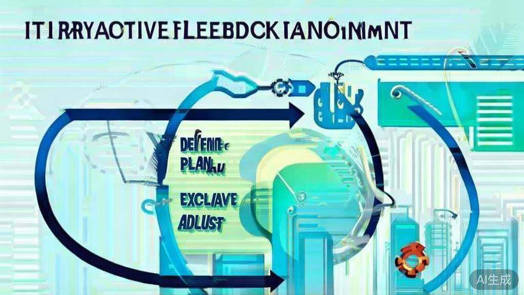 "Flat vector illustration showing iterative feedback process in project management, with a cycle of evaluation and adjustment"