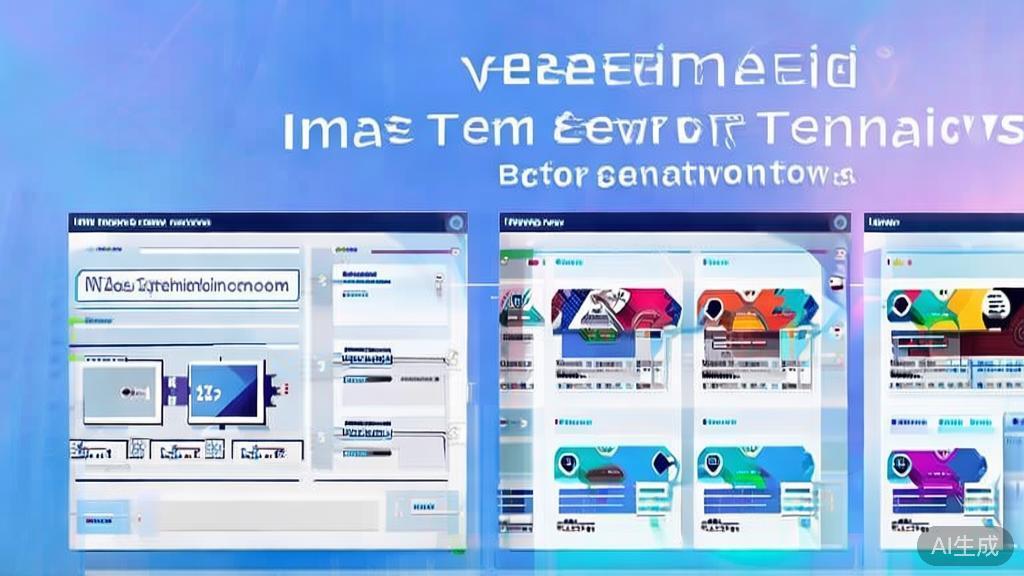 Flat vector illustration showing the impact of image generation technology on various industries, dashboard style, soft blue gradient