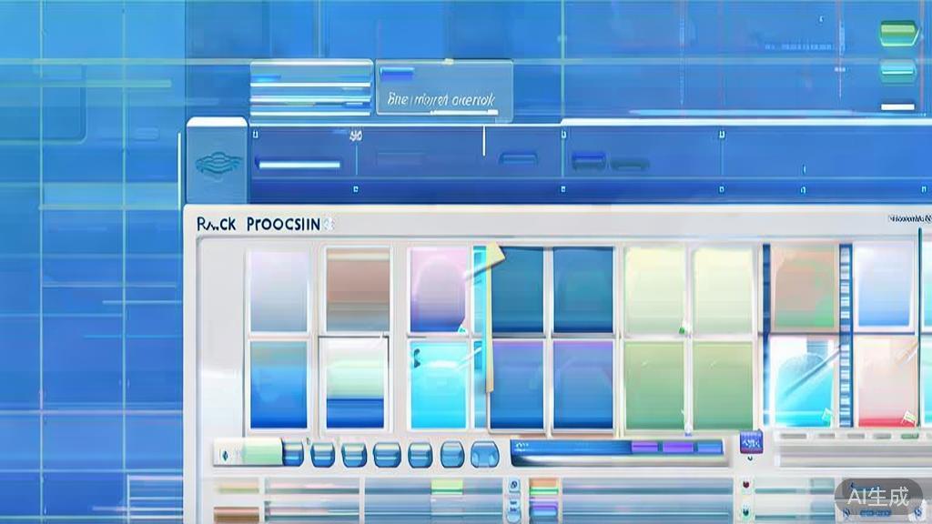 Flat vector illustration of batch image processing, dashboard style, soft blue gradient