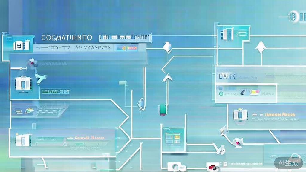 "Flat vector illustration of data communication flow, dashboard style, soft blue gradient"