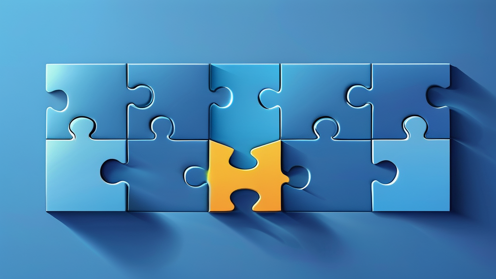 Simple puzzle pieces connecting together, gradient blue background, clean flat design, business solution concept, minimalist style