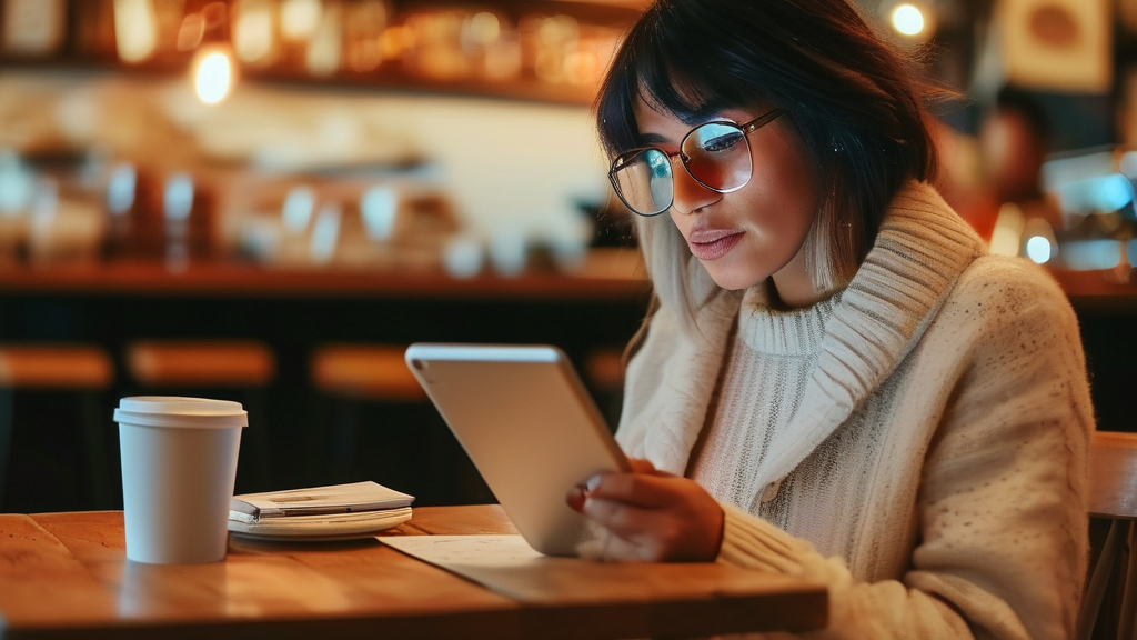 A person reading regulatory guidelines on a tablet in a cafe, taking notes.