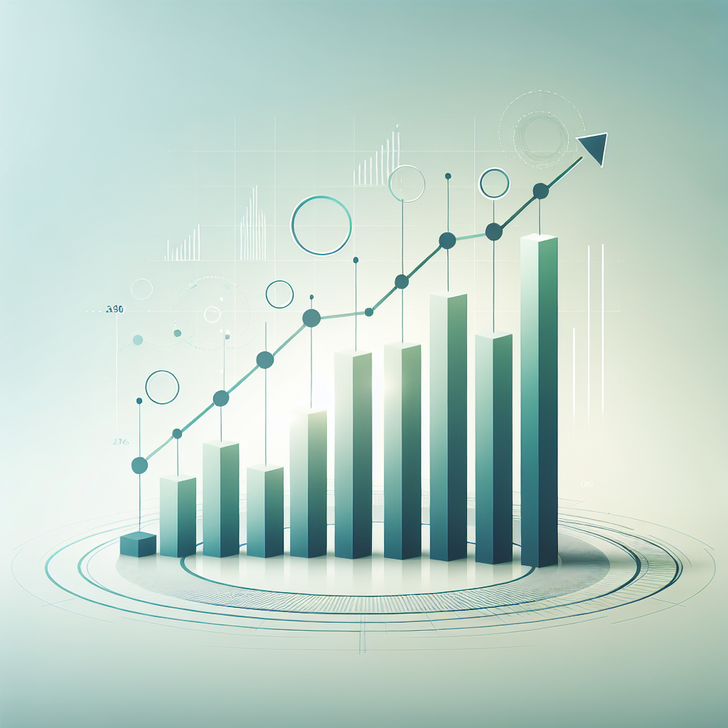 "Upward trending graph with simple geometric elements, green and blue color palette, clean business infographic style, minimal design, growth concept"