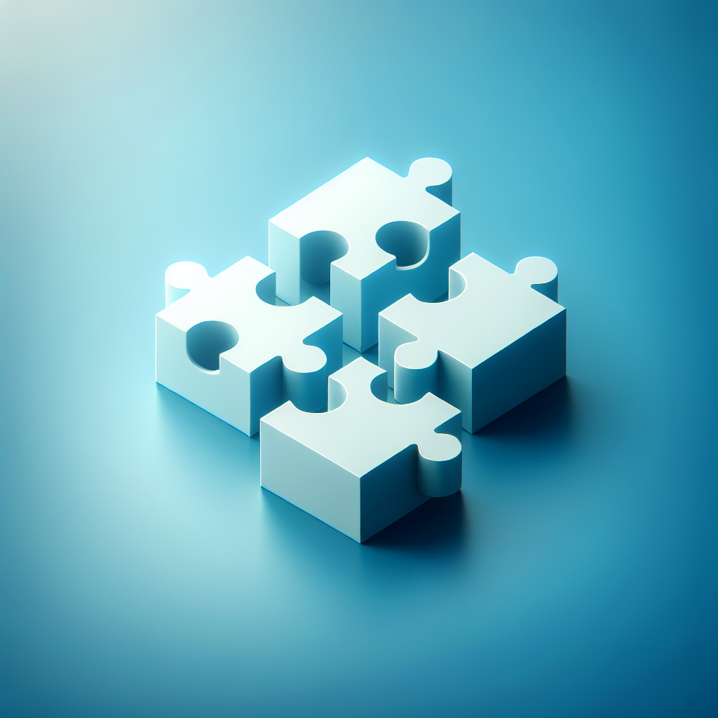 "Simple puzzle pieces connecting together, gradient blue background, clean flat design, business solution concept, minimalist style, success concept"