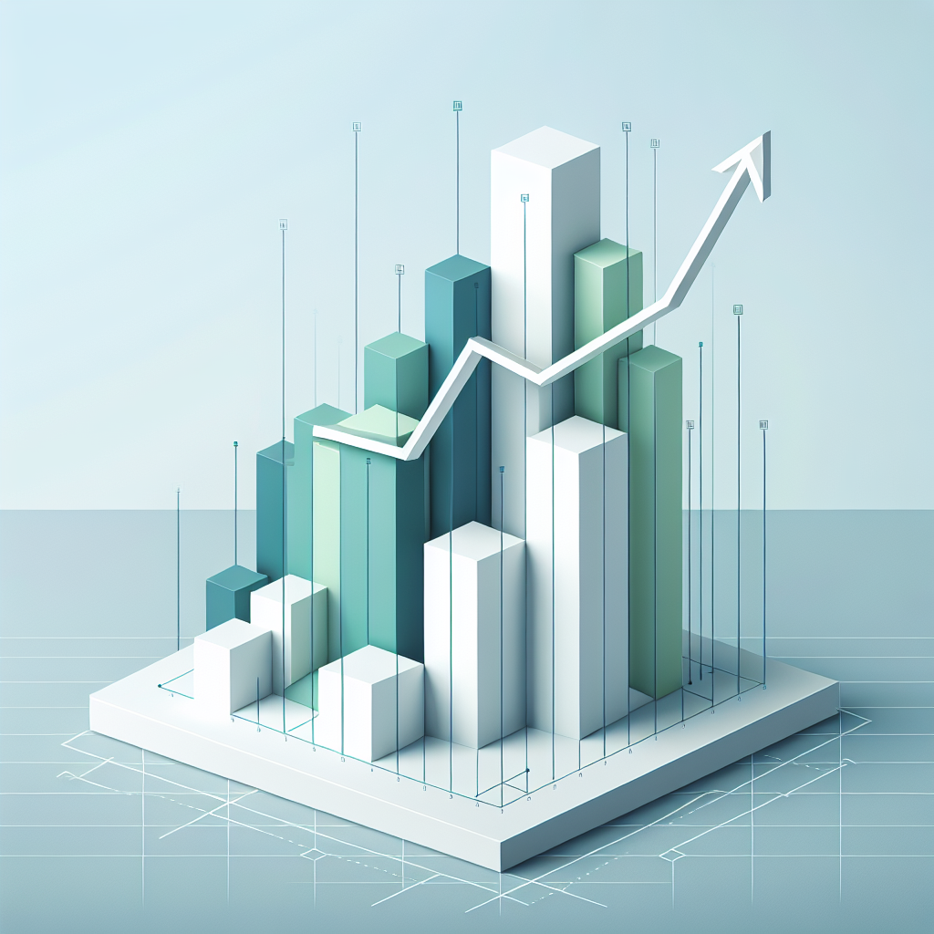 "Upward trending graph with simple geometric elements, green and blue color palette, clean business infographic style, minimal design, growth concept"