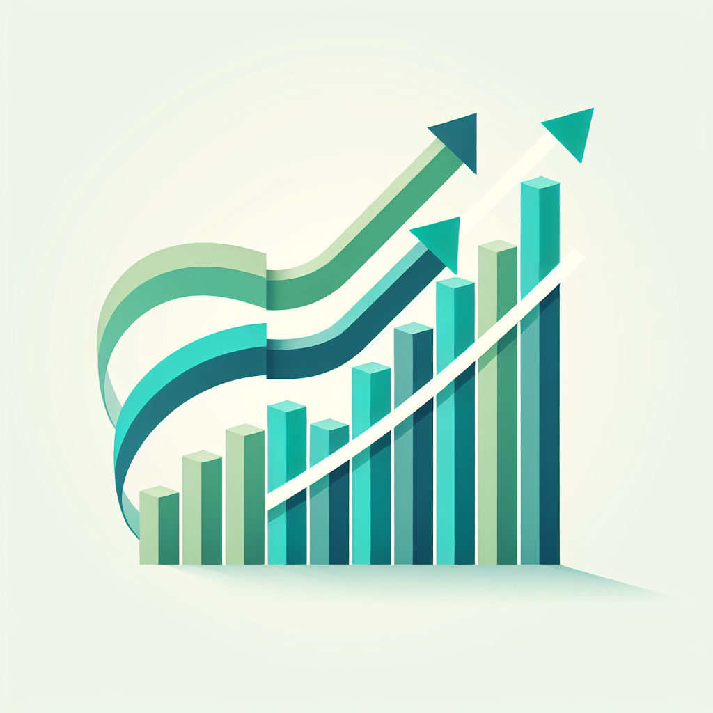 "Upward trending graph with simple geometric elements, green and blue color palette, clean business infographic style, minimal design, growth concept"