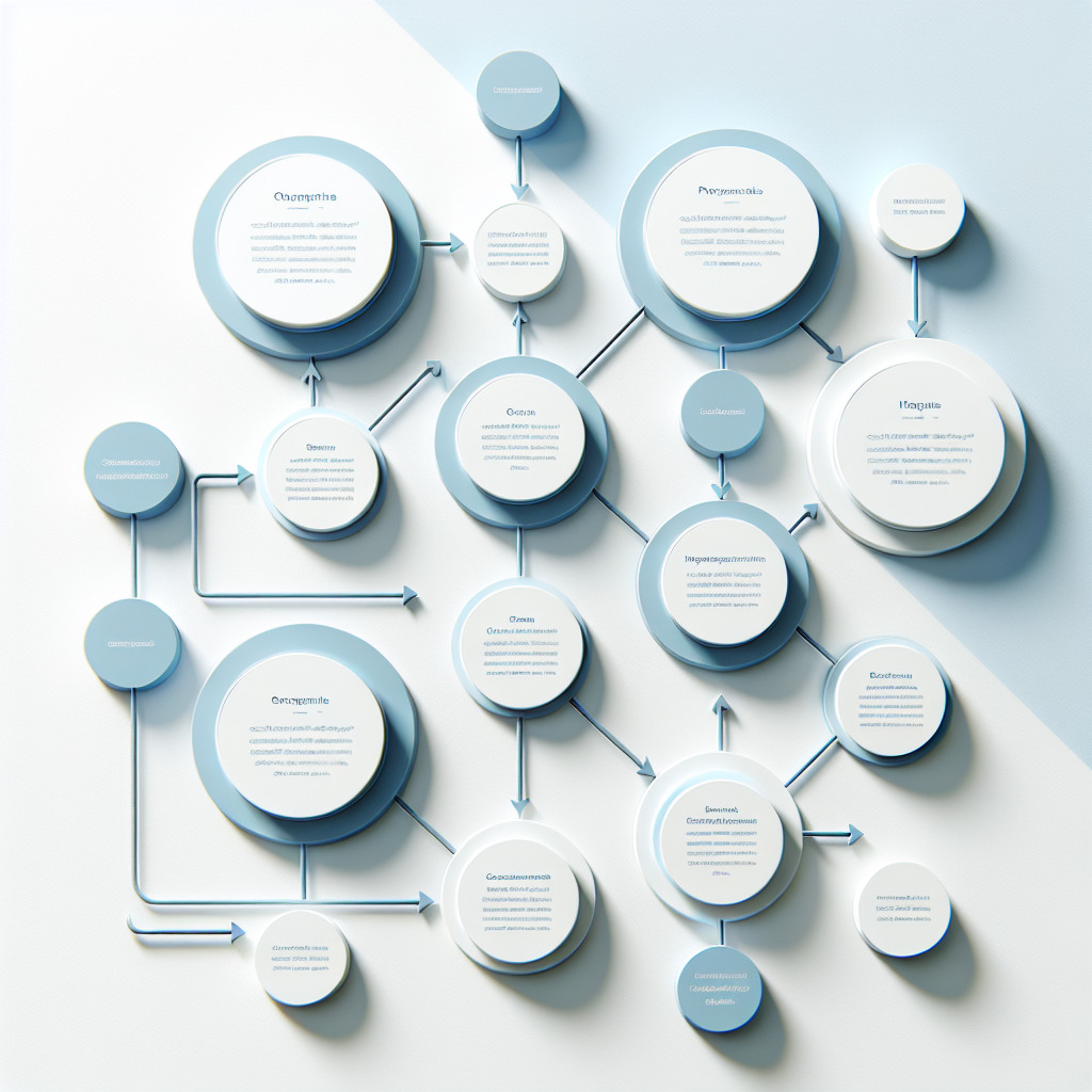 "Simple flowchart illustration with connected circles and arrows, light blue and white color scheme, clean minimal design, business presentation style, infographic element"