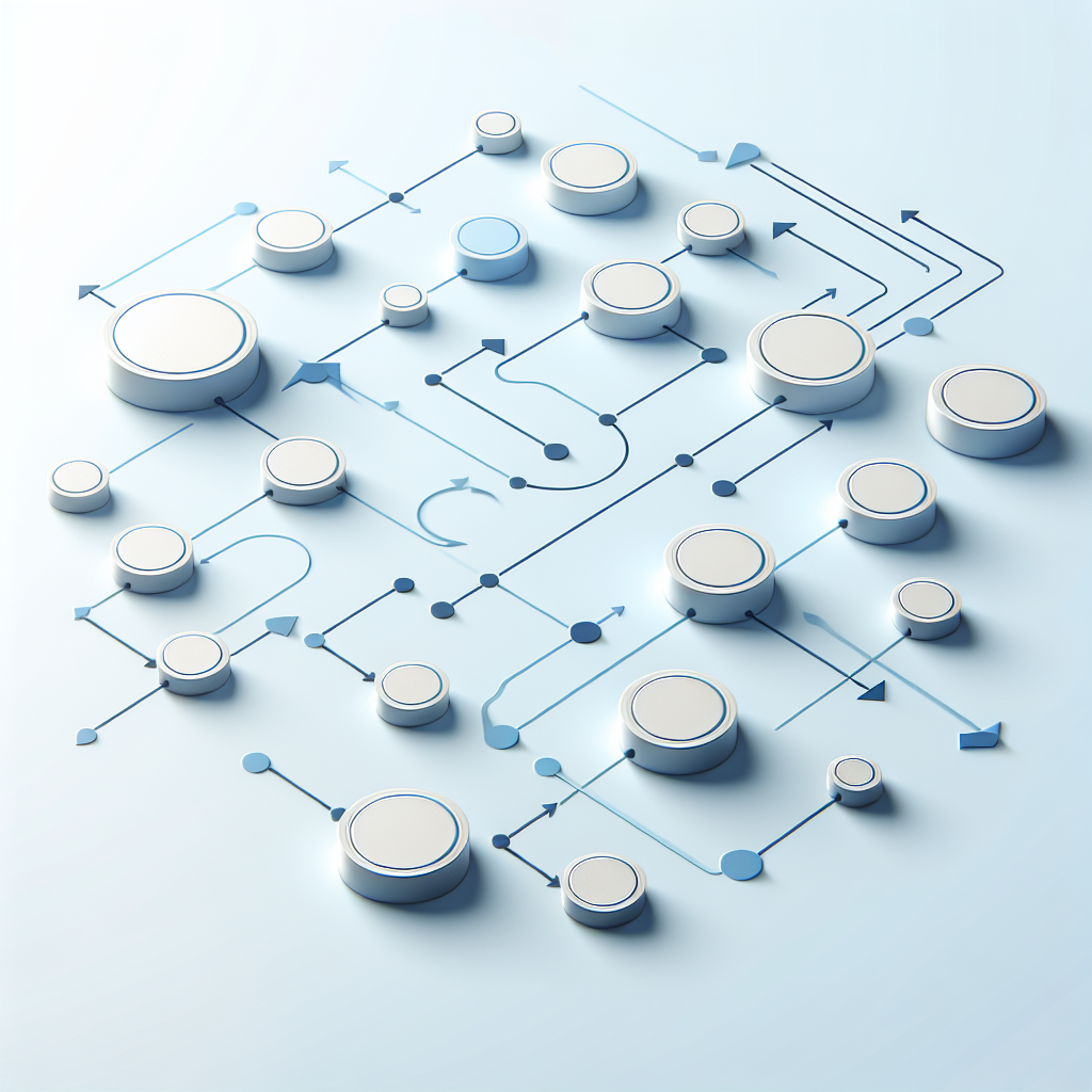 "Simple flowchart illustration with connected circles and arrows, light blue and white color scheme, clean minimal design, business presentation style, infographic element"