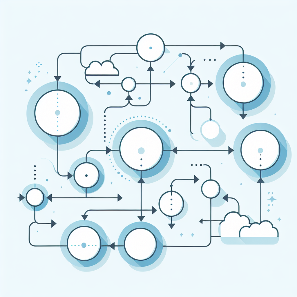 Simple flowchart illustration with connected circles and arrows, light blue and white color scheme, clean minimal design, business presentation style, infographic element