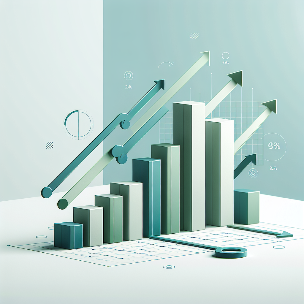 Upward trending graph with simple geometric elements, green and blue color palette, clean business infographic style, minimal design, growth concept