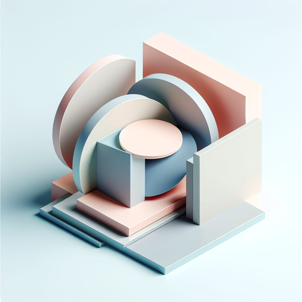 "Abstract geometric composition with overlapping shapes, soft pastel colors, modern minimal style, professional business concept illustration, 3d render isometric"