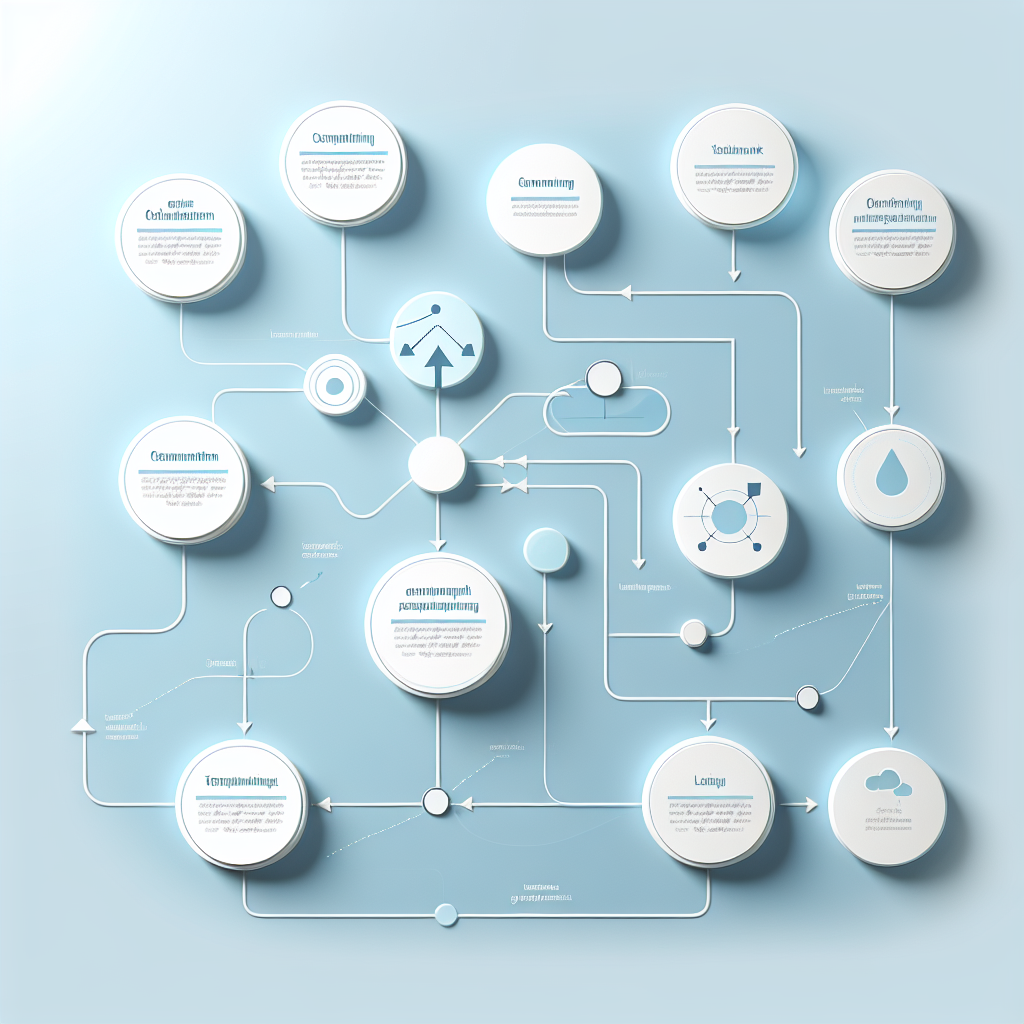"Simple flowchart illustration with connected circles and arrows, light blue and white color scheme, clean minimal design, business presentation style, infographic element"