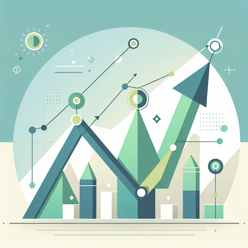 "Upward trending graph with simple geometric elements, green and blue color palette, clean business infographic style, minimal design, growth concept"
