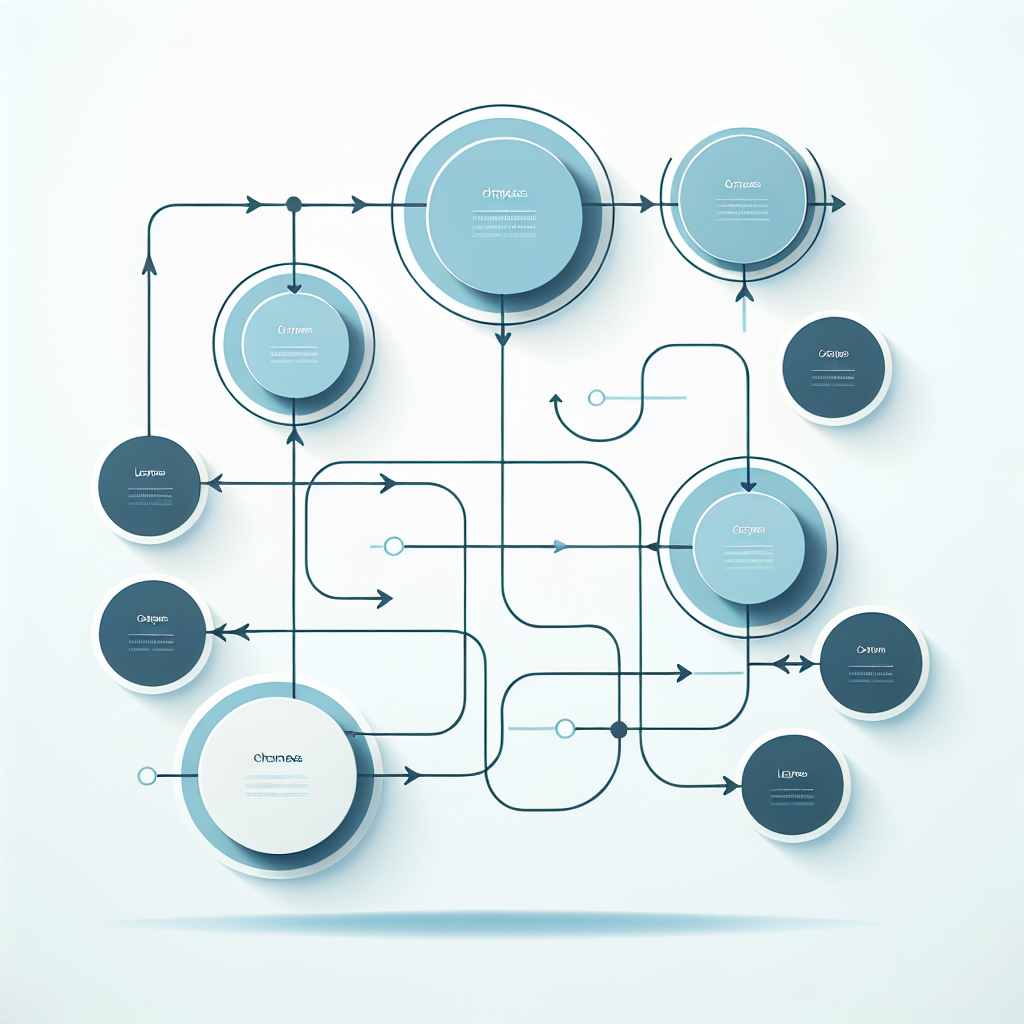 "Simple flowchart illustration with connected circles and arrows, light blue and white color scheme, clean minimal design, business presentation style, infographic element"