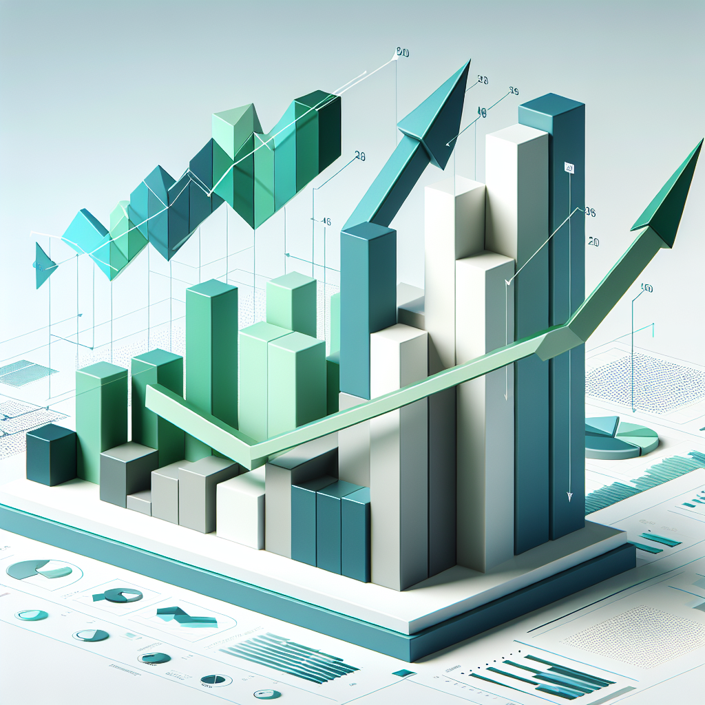 "Upward trending graph with simple geometric elements, green and blue color palette, clean business infographic style, minimal design, growth concept"