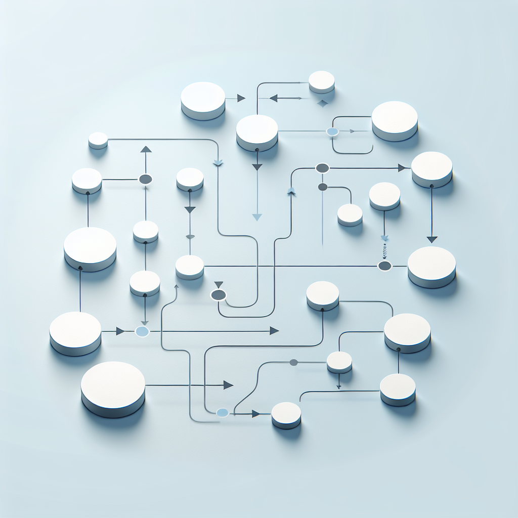 "Simple flowchart illustration with connected circles and arrows, light blue and white color scheme, clean minimal design, business presentation style, infographic element"