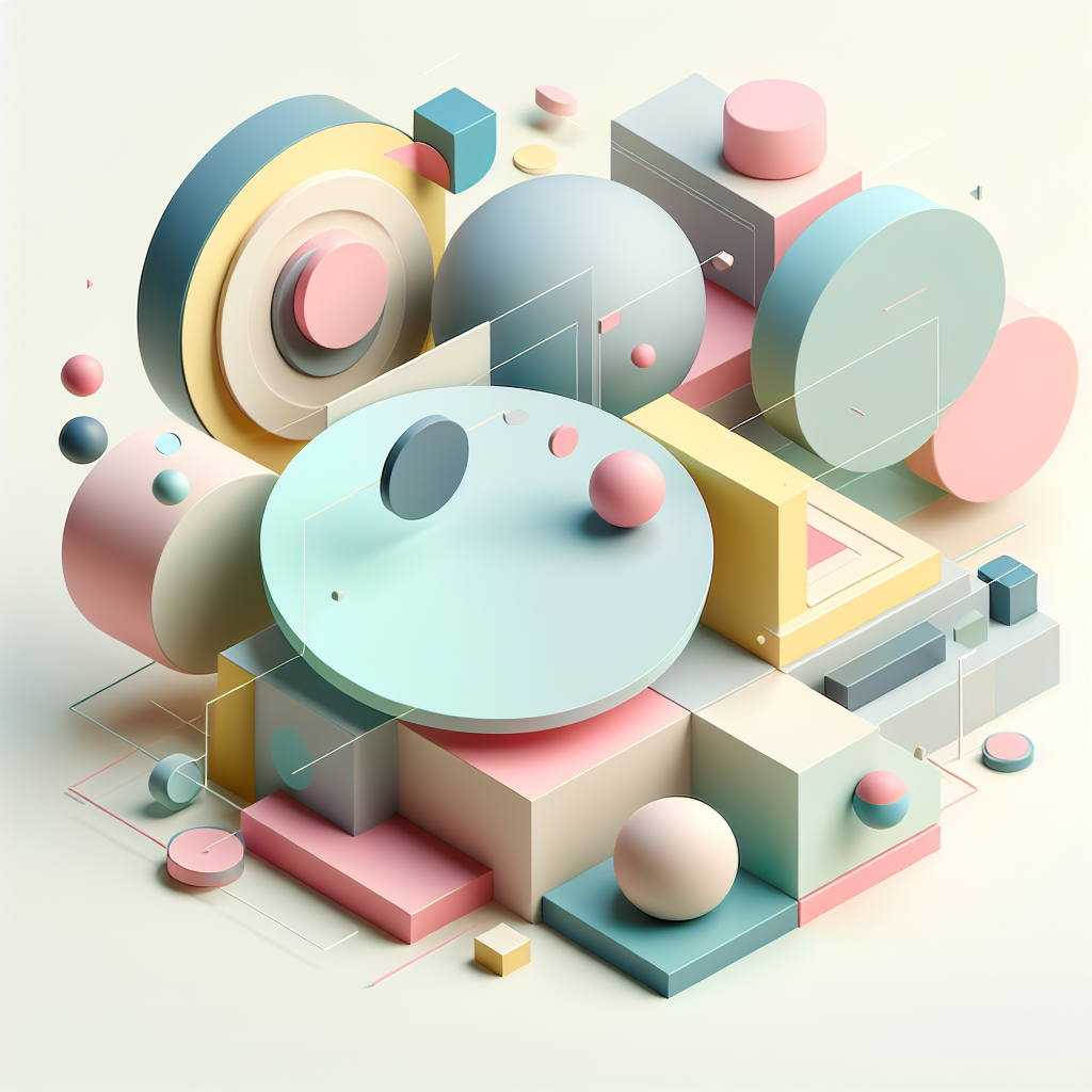 Abstract geometric composition with overlapping shapes, soft pastel colors, modern minimal style, professional business concept illustration, 3d render isometric