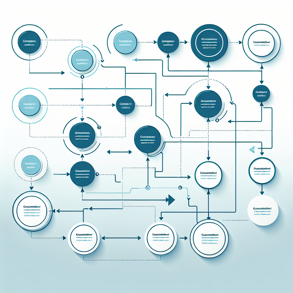 Simple flowchart illustration with connected circles and arrows, light blue and white color scheme, clean minimal design, business presentation style, infographic element