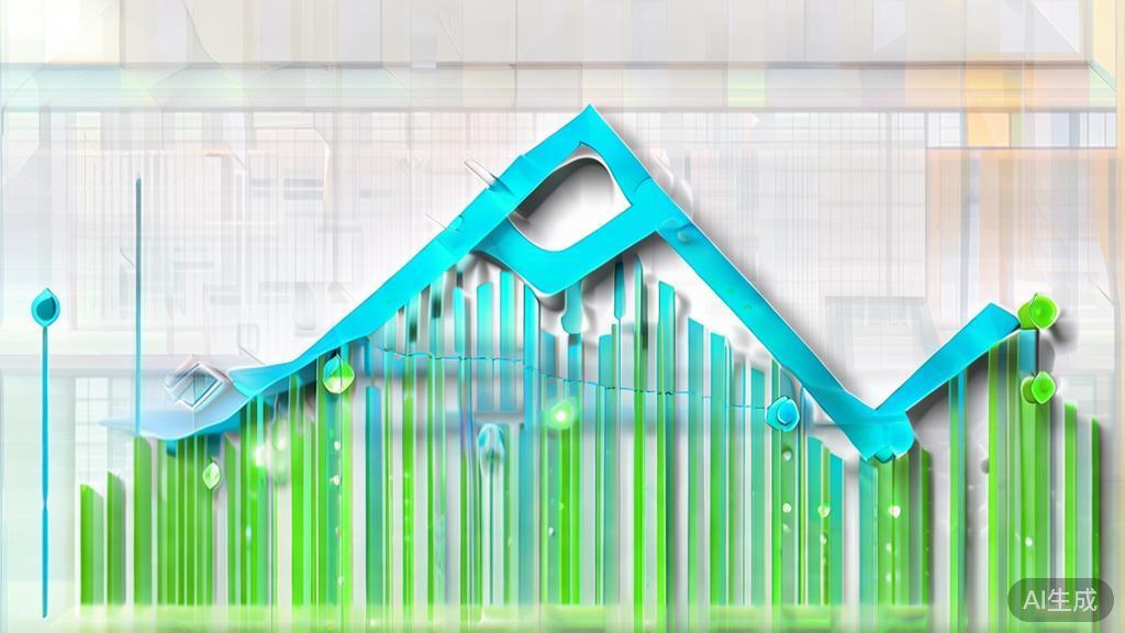 "Upward trending graph with simple geometric elements, green and blue color palette, clean business infographic style, minimal design, growth concept"